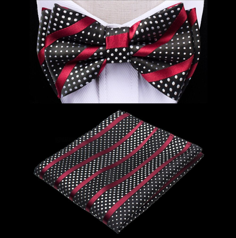 A Black, Red, White Color Polka Dot and Stripe Pattern Kids Pre-Tied Bow Tie, Matching Pocket Square