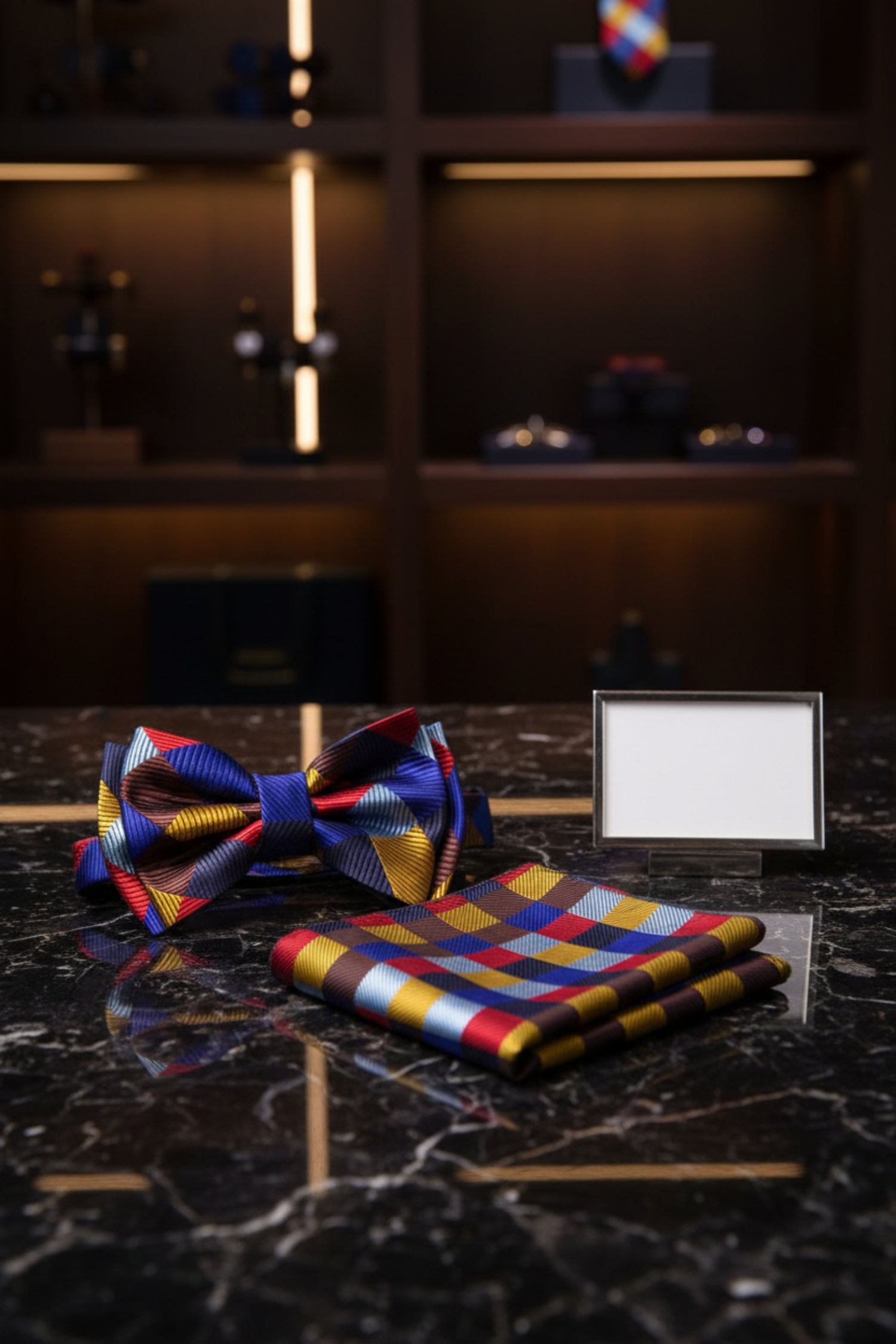 A Red, Blue, Gold, Brown Color Geometric Diamond Pattern Kids Pre-Tied Bow Tie, Matching Pocket Square