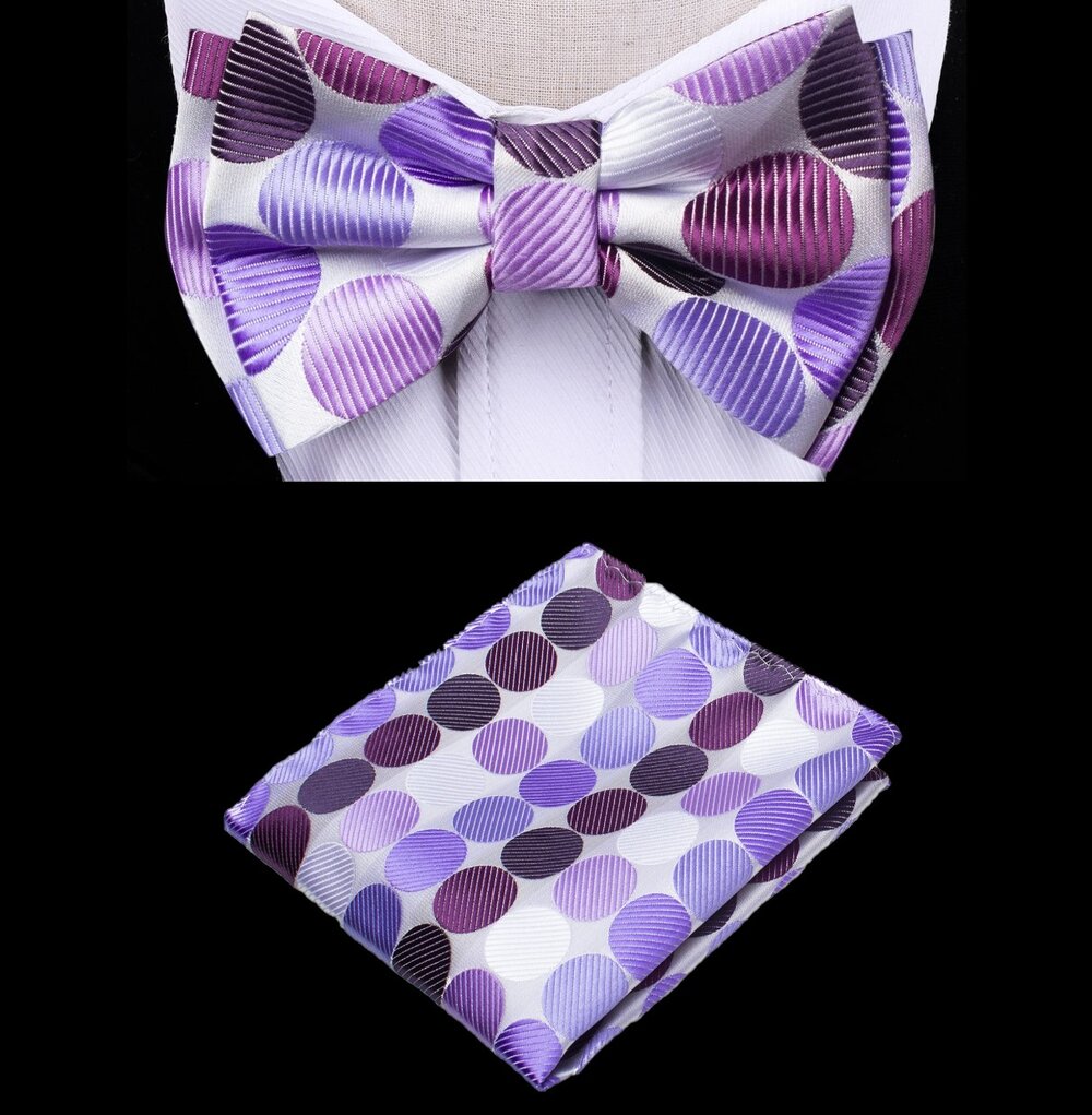 A White, Light Purple, Purple Color With Polka Patter  Kids Pre-Tied Bow Tie, Matching Pocket Square 