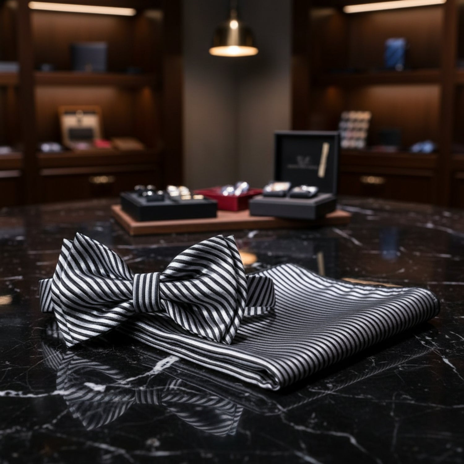 A Silver, Black Color With Stripe Pattern Kids Pre-Tied Bow Tie, Matching Pocket Square