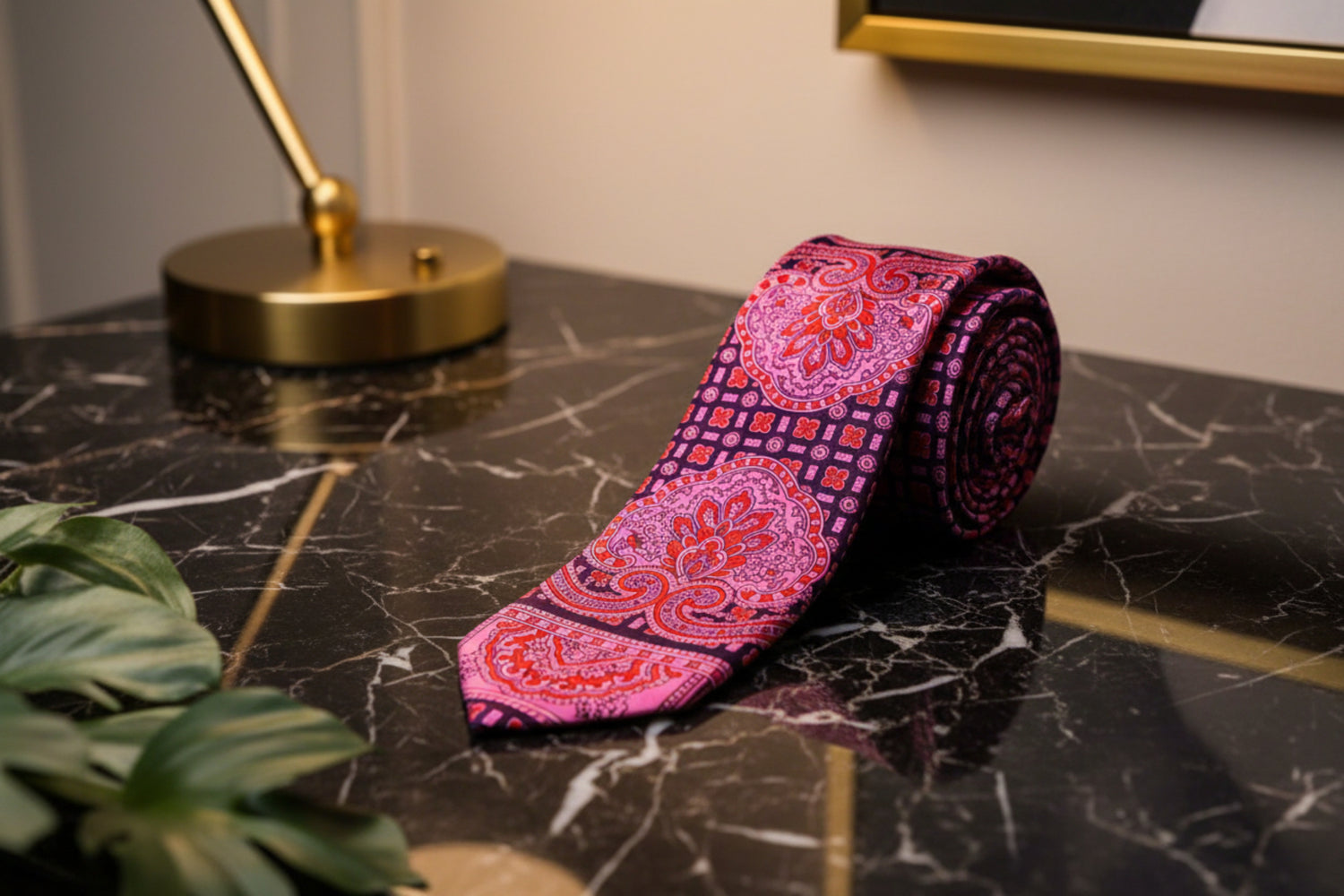 A Pink, Purple Abstract Large Crest With Small Burst and Checks Pattern Necktie