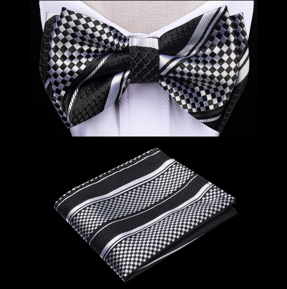 A White, Black Color With Geometric Check Pattern Kids Pre-Tied Bow Tie, Matching Pocket Square 