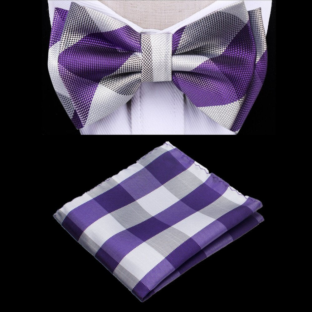 A Purple, White Color With Geometric Plaid Pattern Kids Pre-Tied Bow Tie, Matching Pocket Square