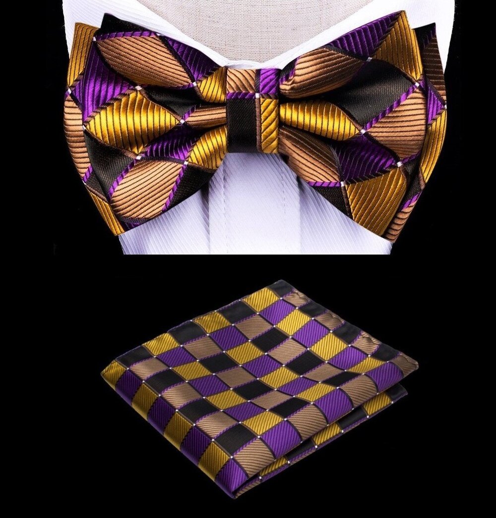 A Gold, Brown, Purple Color With Geometric Diamond Pattern Kids Pre-Tied Bow Tie, Matching Pocket Square 