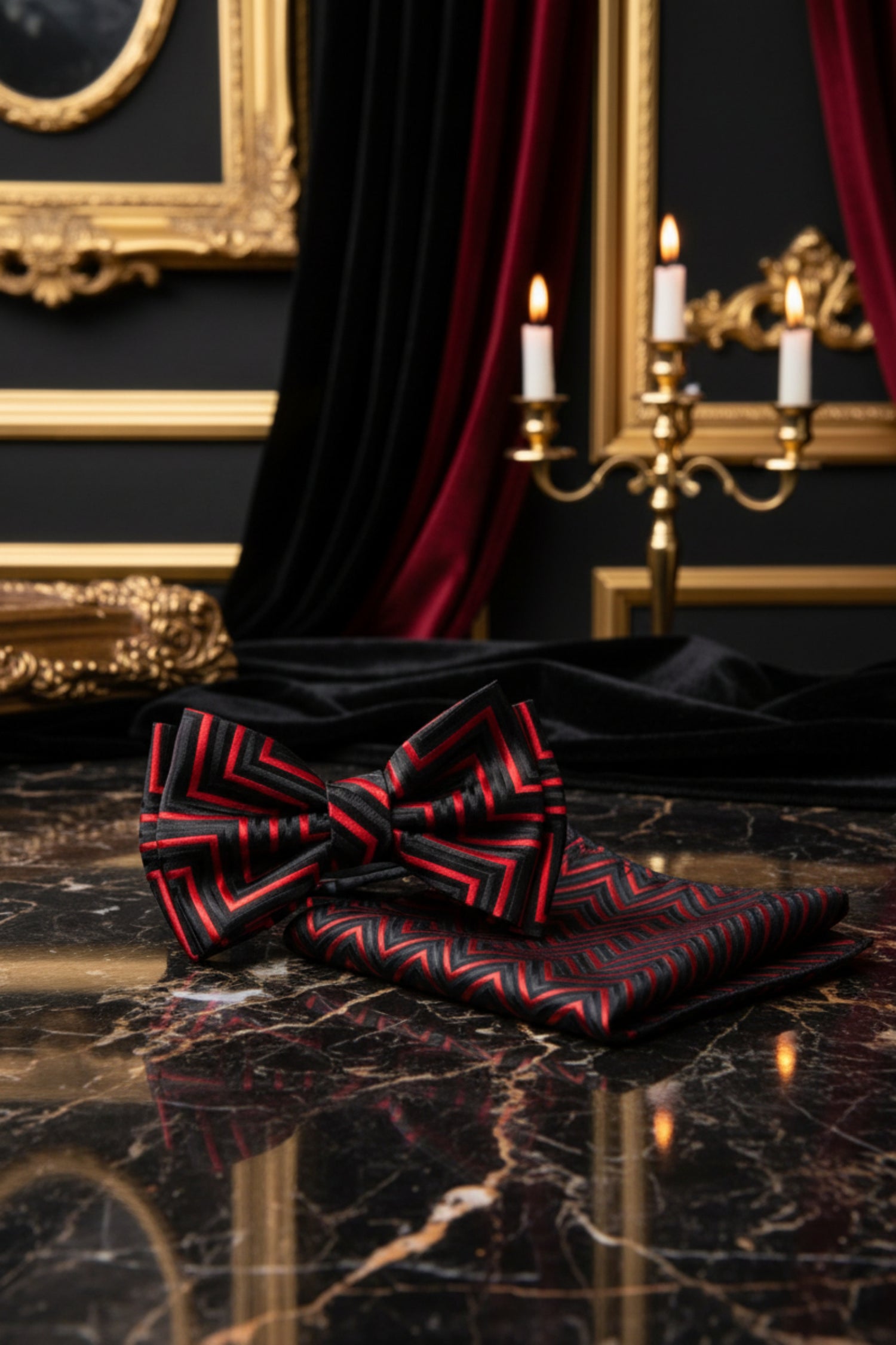 A Black, Red Color With Abstract Jagged Lines Pattern Kids Pre-Tied Bow Tie, Matching Pocket Square