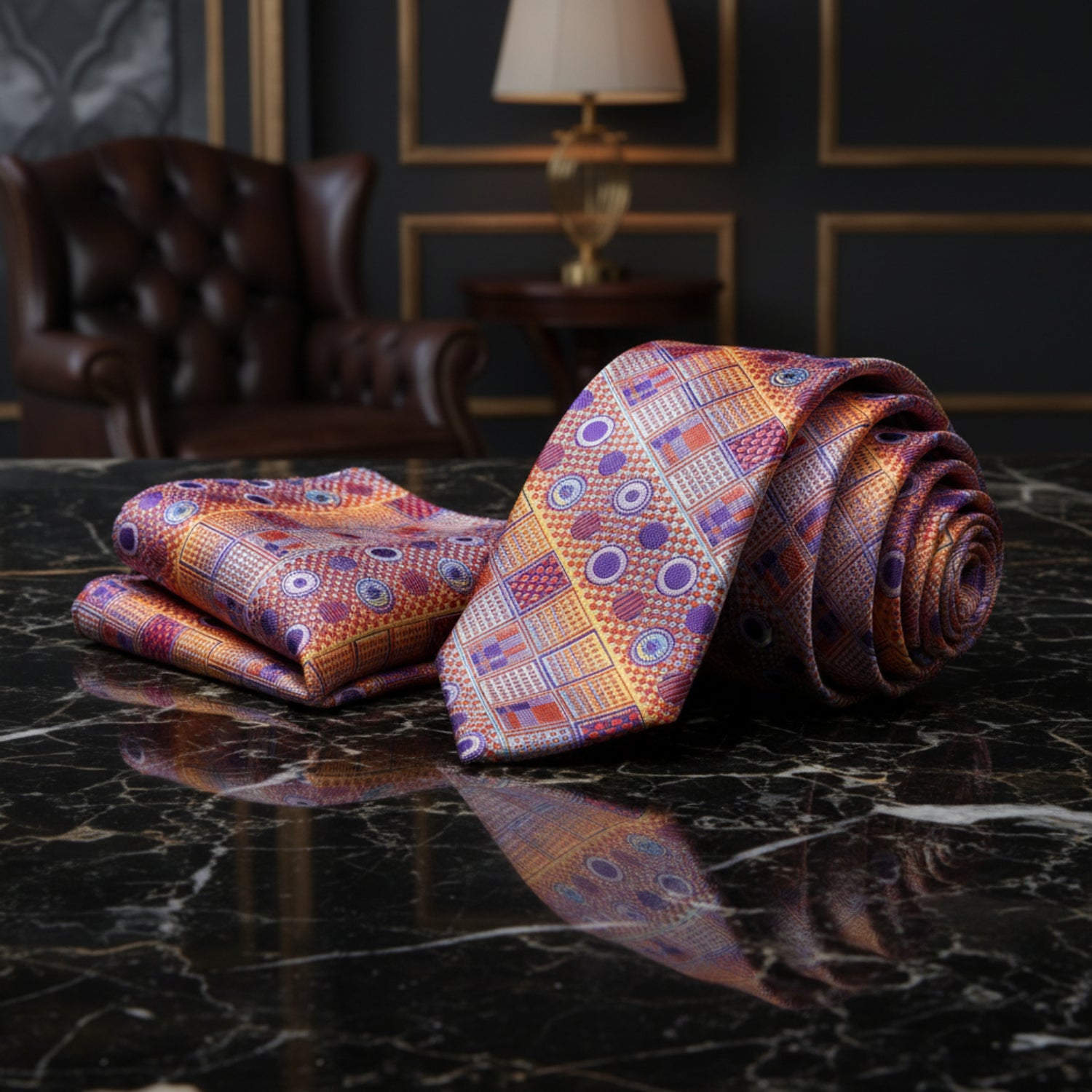 Alt View: Orange, Purple Circles and Squares Tie and Pocket Square