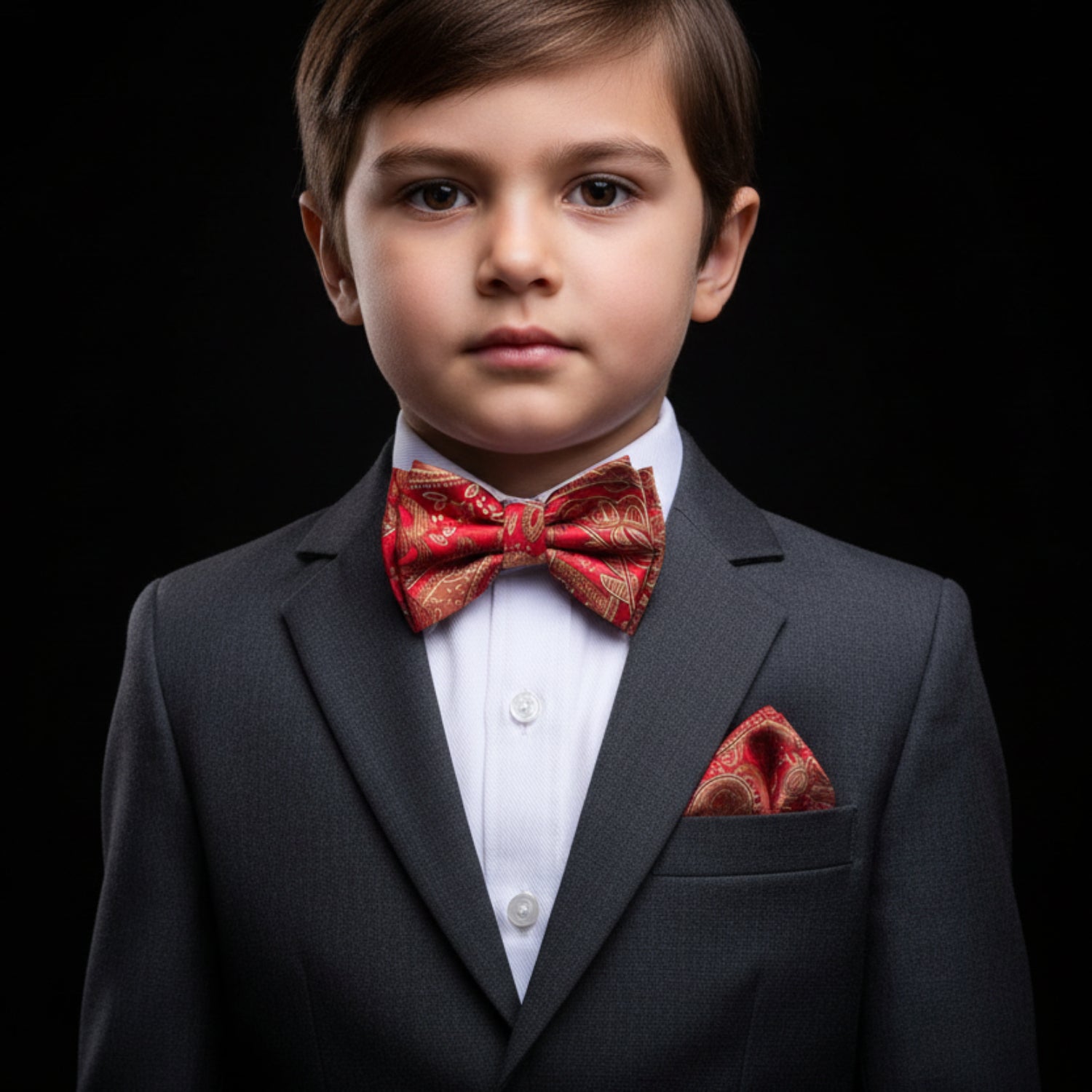 A Deep Red, Brown Color With Paisley Pattern Kids Pre-Tied Bow Tie, Matching Pocket Square