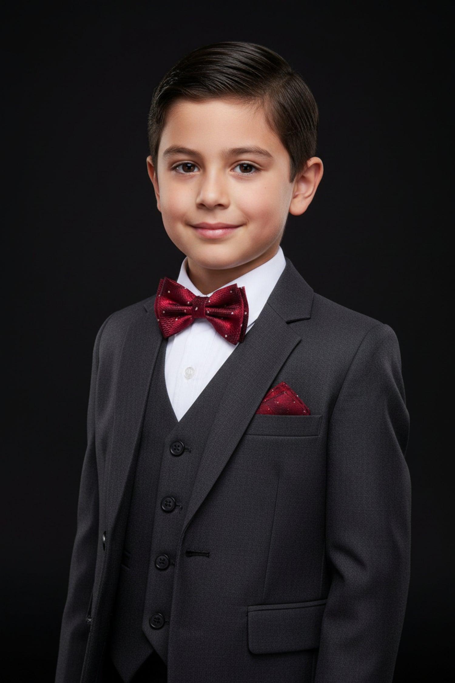 A Burgundy, White Color Geometric Texture with Dot Pattern Silk Kids Pre-Tied Bow Tie, Matching Pocket Square