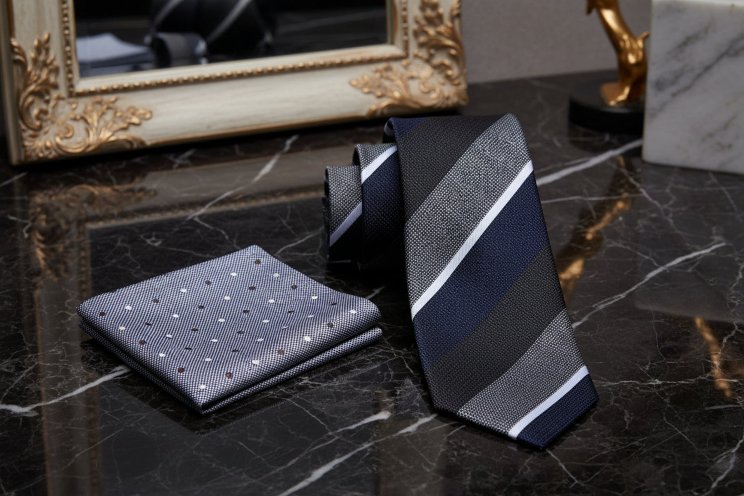 Alt View: Grey, Olive Brown, Grey and White Stripe Tie with Grey Polka Square