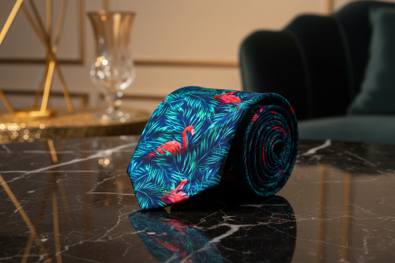 Blue, Green, Pink Leaves and Flamingos Tie  