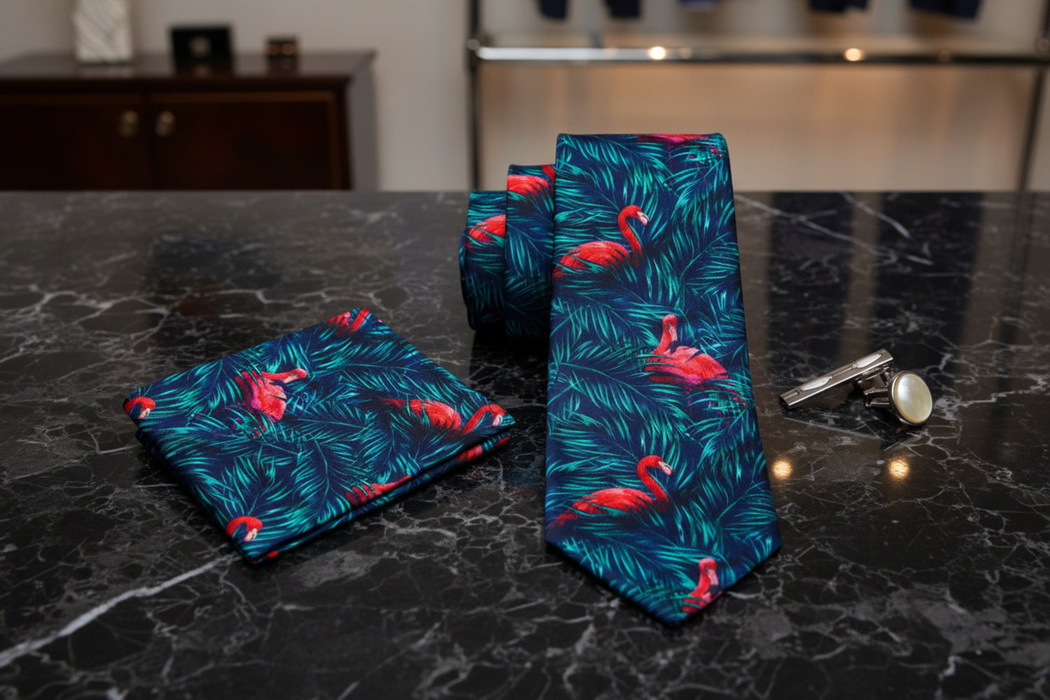 Alt View: Blue, Green, Pink Leaves and Flamingos Tie and Pocket Square