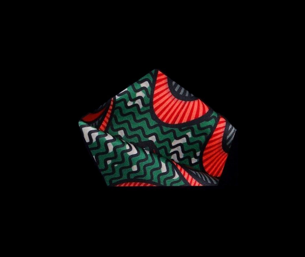 A Paradise Green, Limelight Red, Black, Grey Color Abstract Circle And Waves Pattern Pocket Square