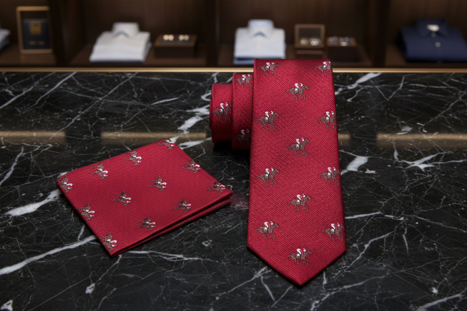 Alt View Red Brown White Racehorse and Jockey Thoroughbred Necktie and Pocket Square