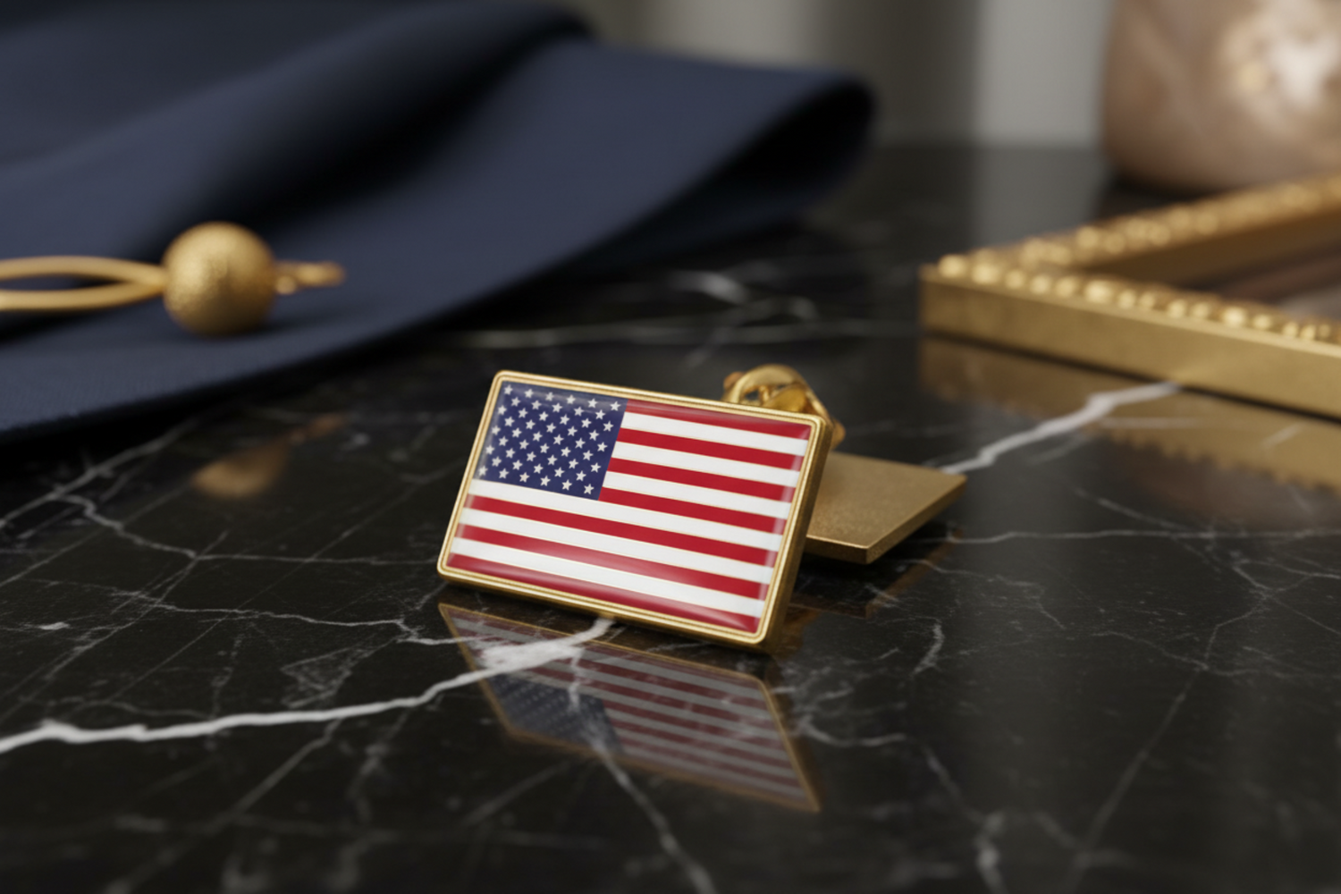 Main View: Gold metal rectangle American flag lapel pin||Gold Rectangle