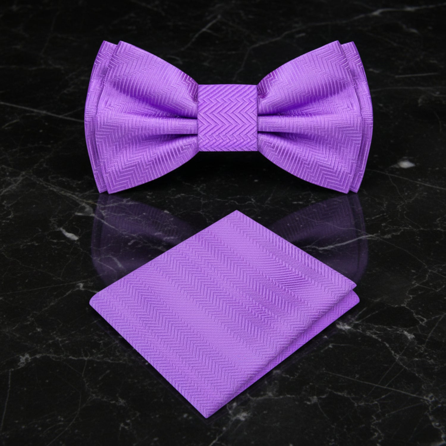 An Amethyst Purple Solid Pattern Self Tie Bow Tie, Matching Pocket Square