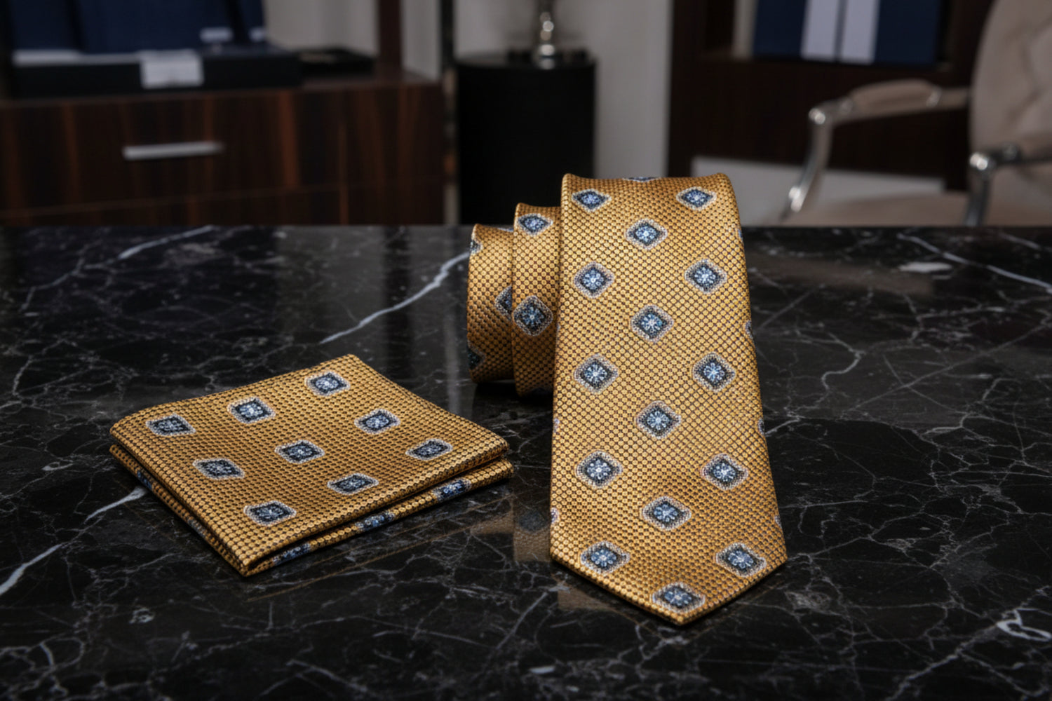 Alt View: Gold Geometric Medallion Tie and Pocket Square