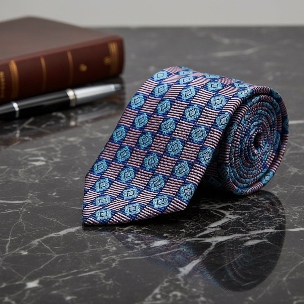 A Blue, Turquoise Geometric Pattern Necktie