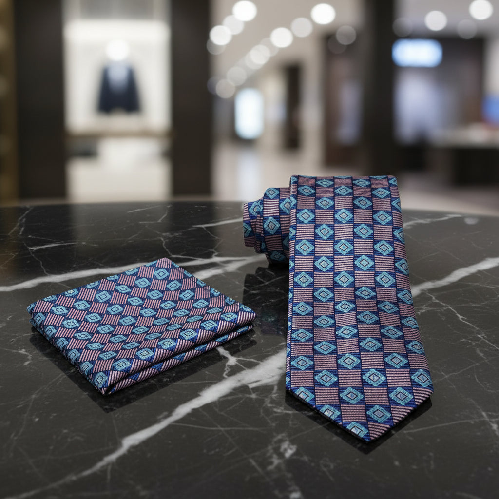 Alternate View: A Blue, Turquoise Geometric Pattern Necktie, Matching Pocket Square