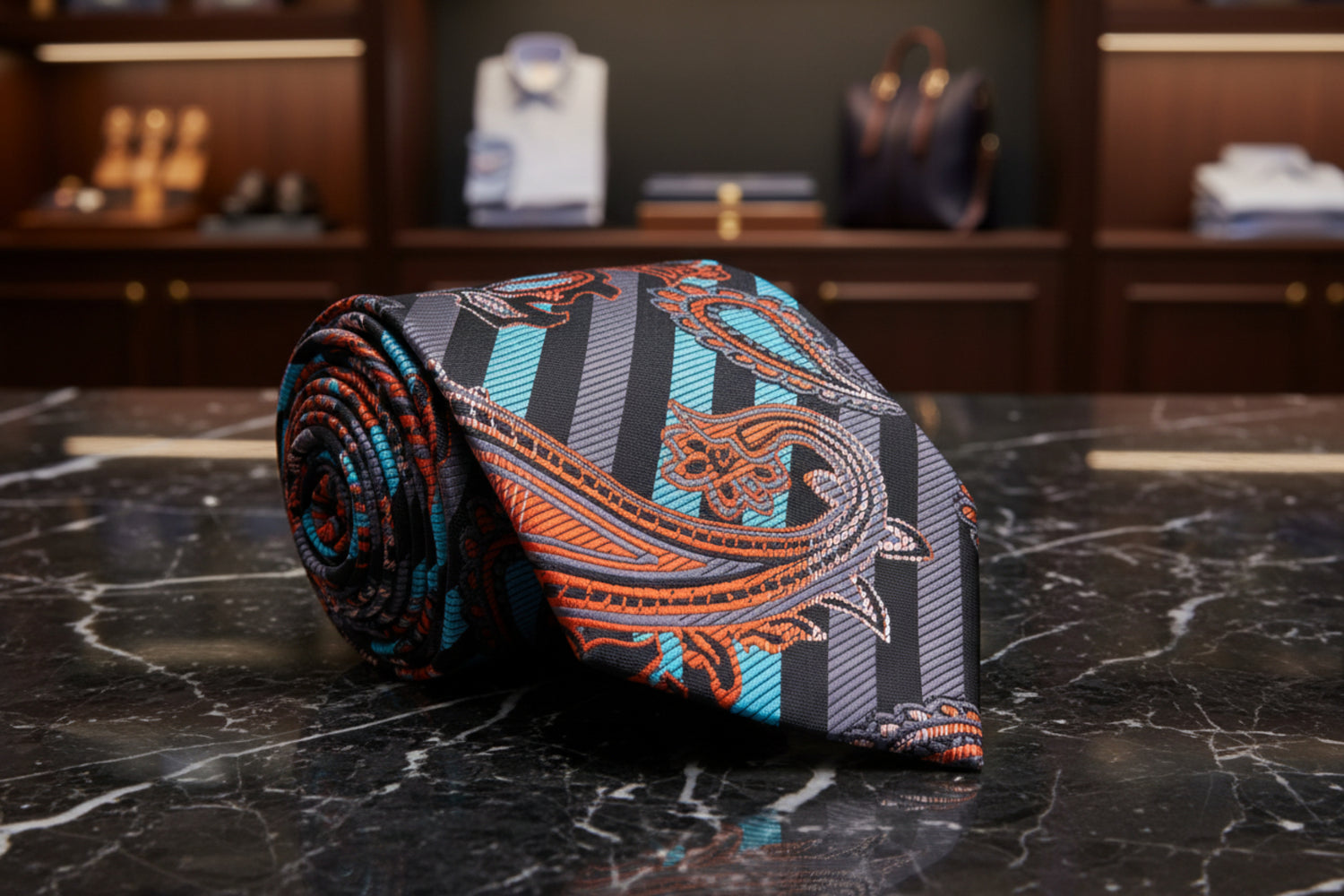 Aqua, Orange, Black Stripe with Paisley Pattern Necktie