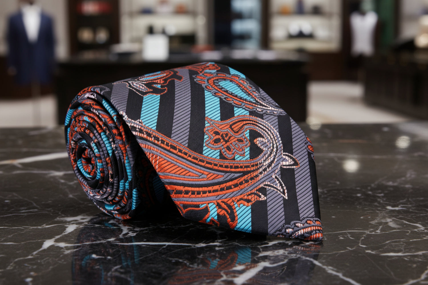 An Aqua, Orange, Black Stripe with Paisley Pattern Necktie