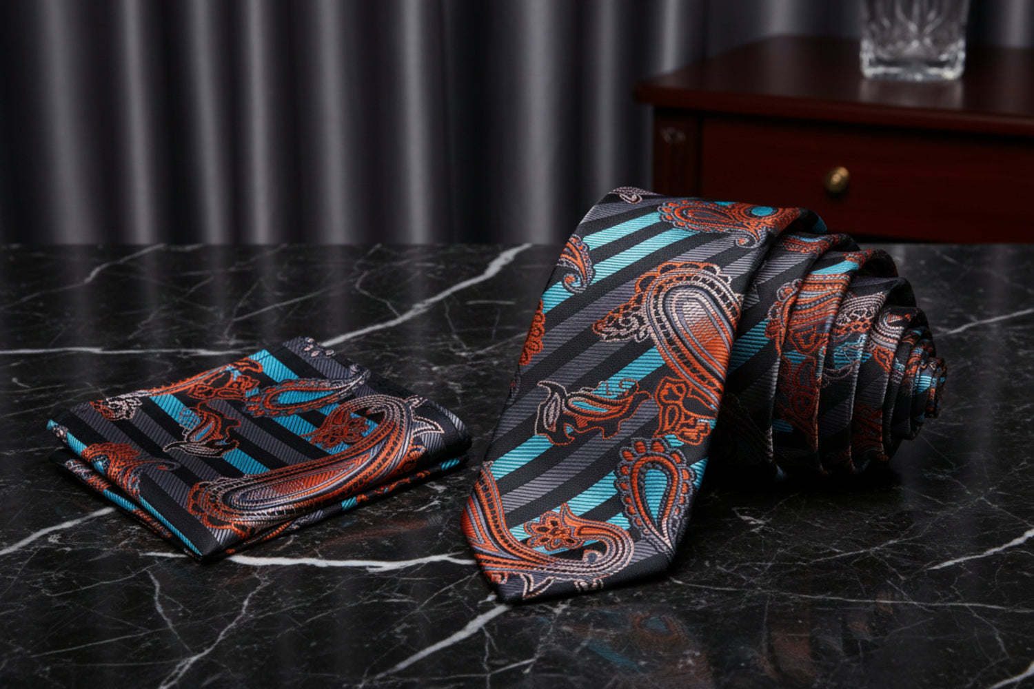 Alt View: Aqua, Orange, Black Stripe with Paisley Pattern Necktie, Matching Pocket Square