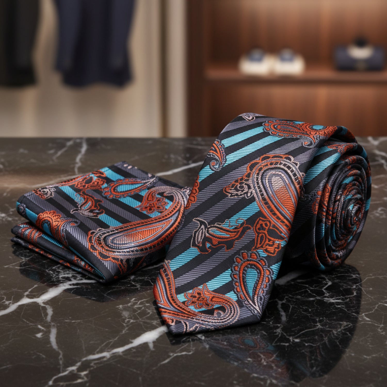 Alt View: An Aqua, Orange, Black Stripe with Paisley Pattern Necktie, Matching Pocket Square