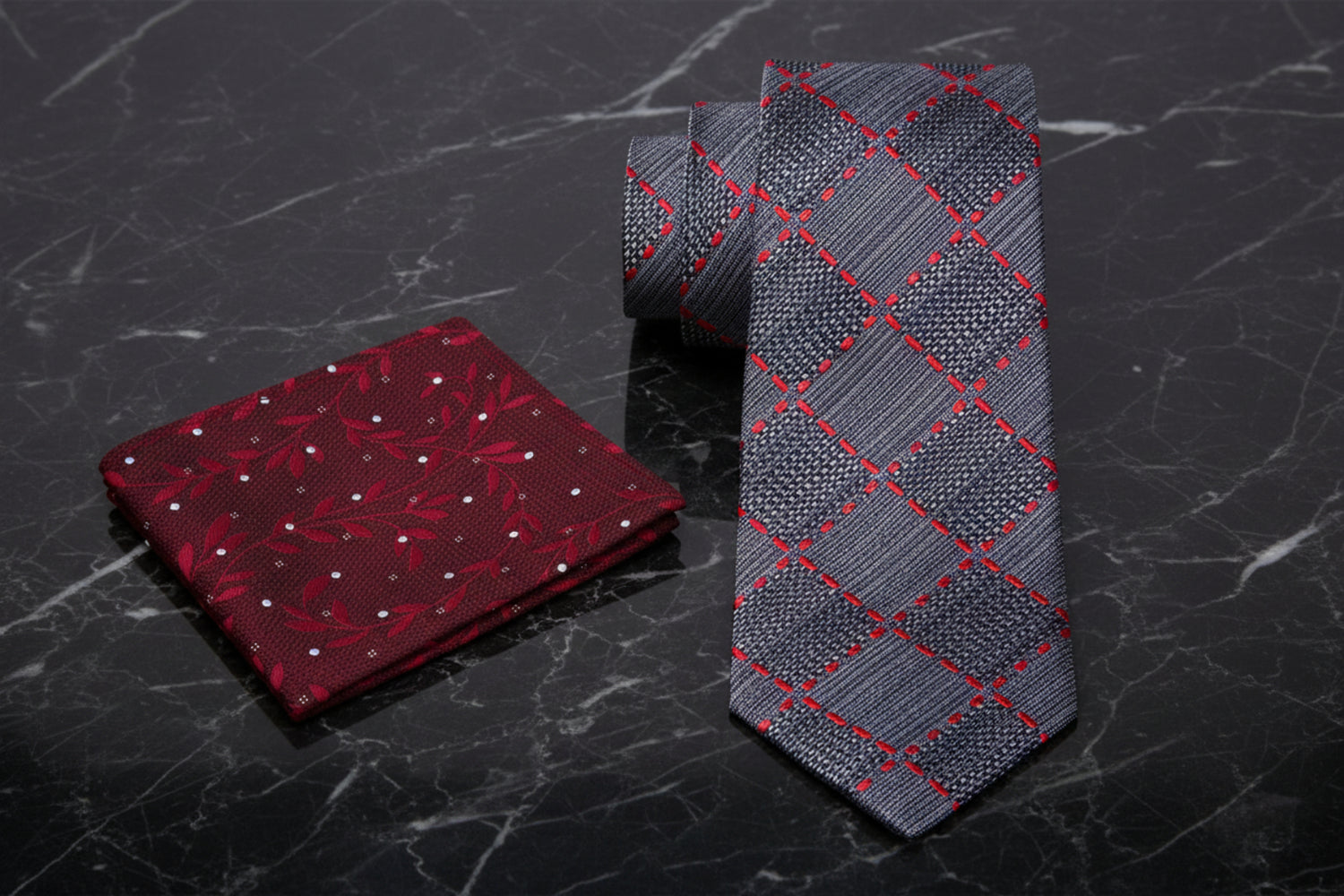 Alt View: Grey, Red and Black Plaid/Abstract Tie and Accenting Red Floral Pocket Square
