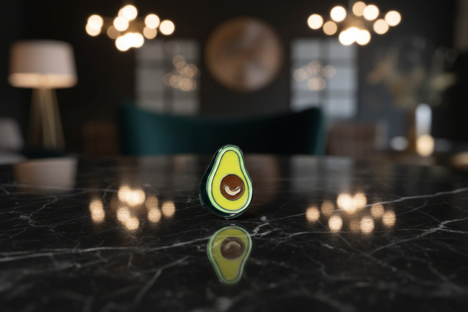 A Small Green, Brown Avocado That is Cut in Half Shaped lapel pin.||Small Avocado
