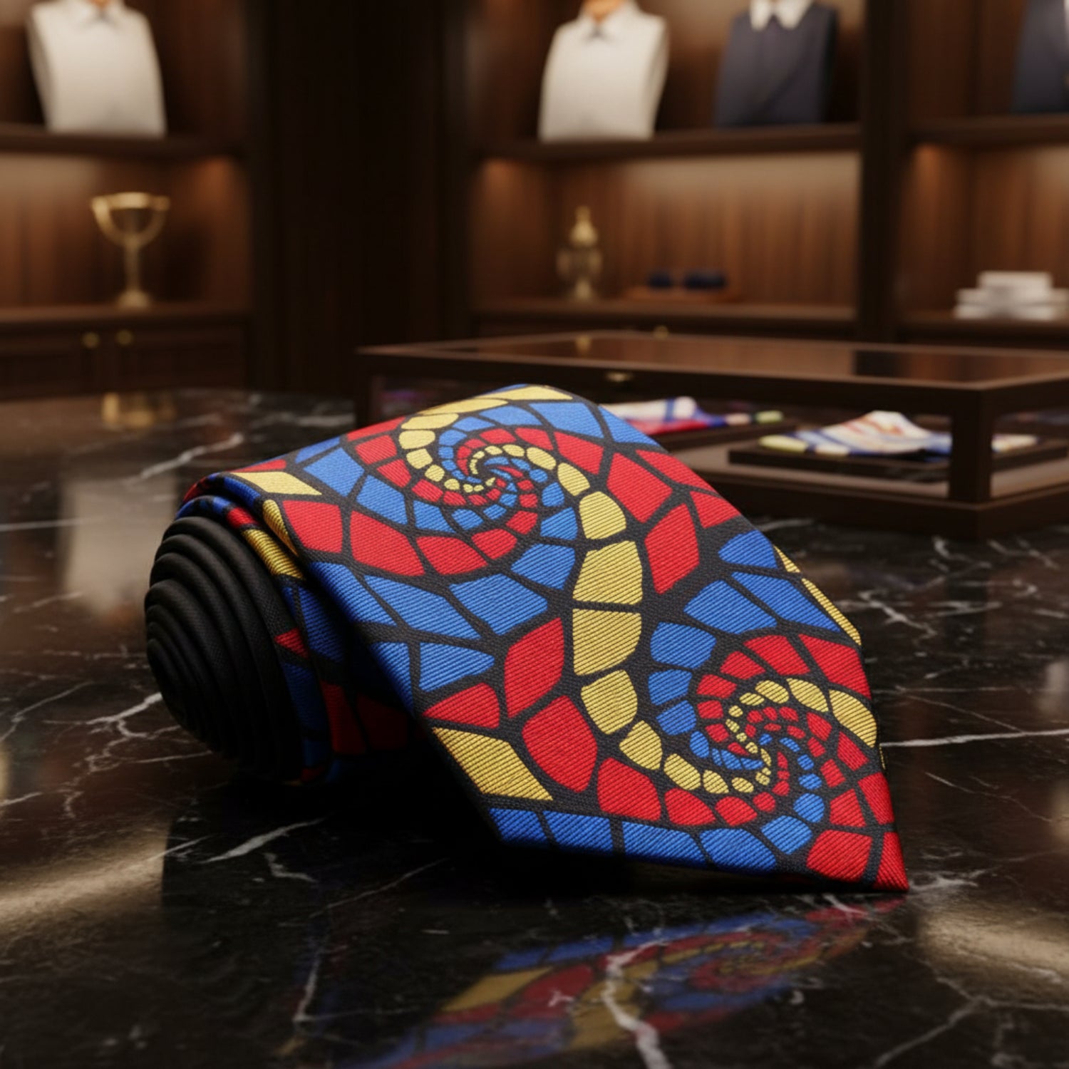 A Red, Blue and Yellow Abstract Swirl Pattern Necktie 