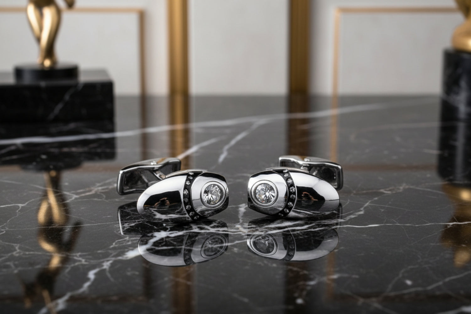 A Chrome, Black, Clear Stone Sphere Shape Cuff-links