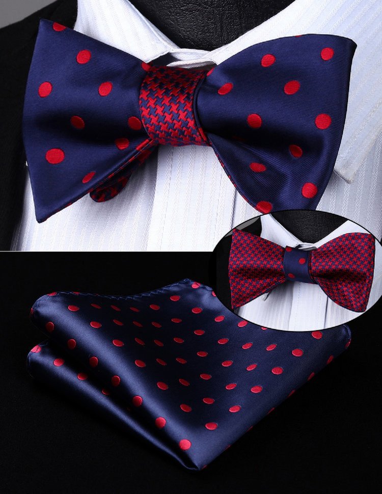 A Blue, Red Hounds tooth and Polka Pattern Self Tie Bow Tie, Matching Pocket Square .||Blue With Red Dots