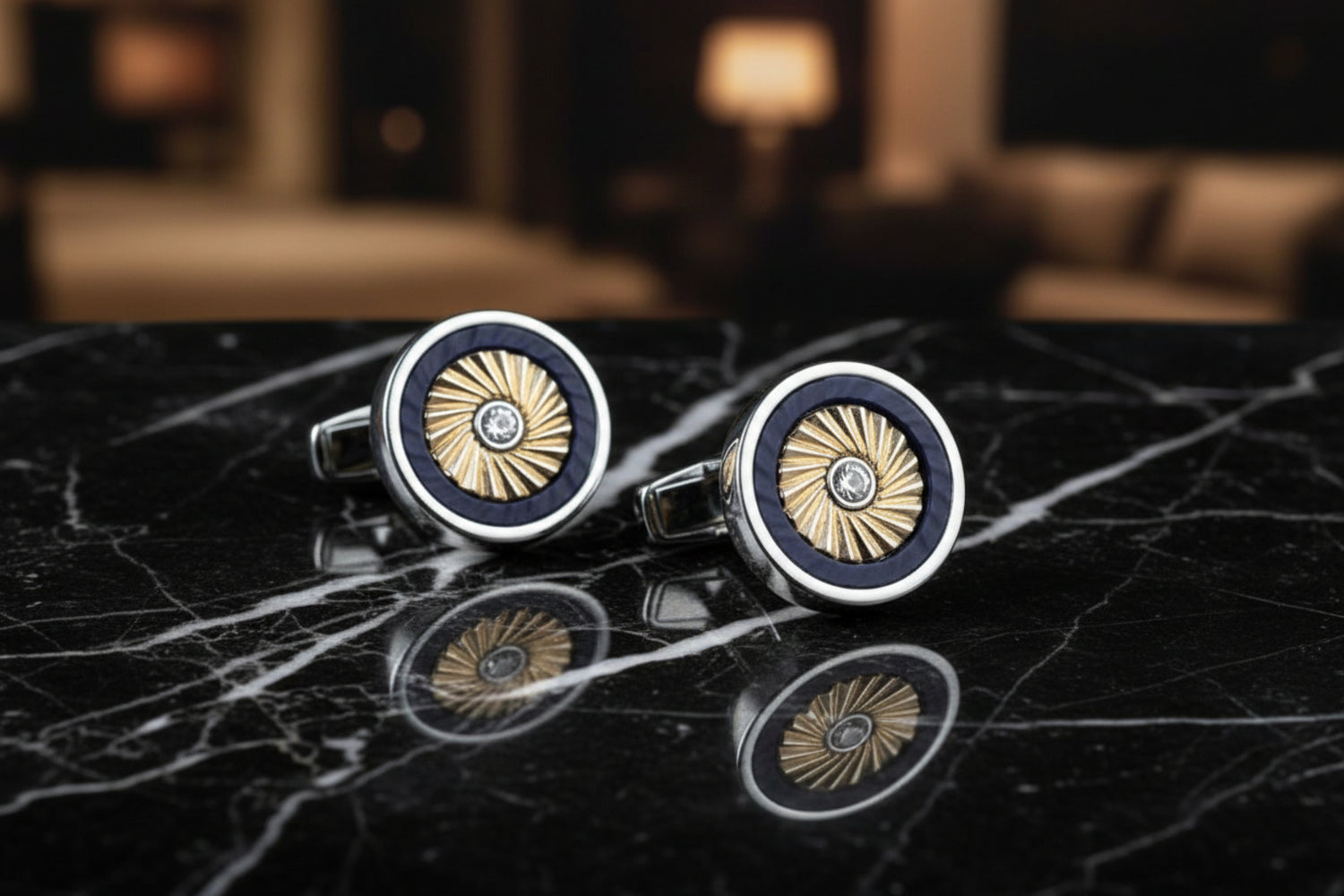 A Black, Gold Color Circle Shape Cuff-links.