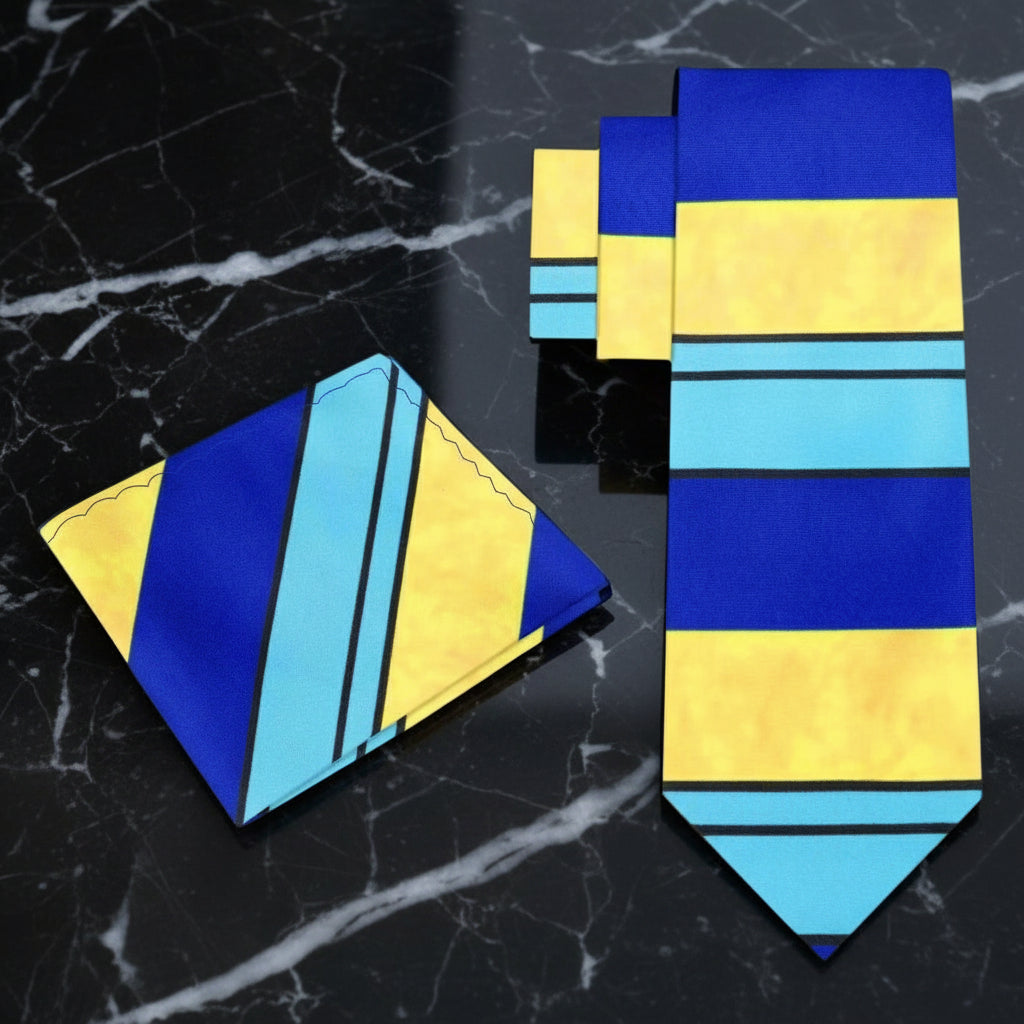 Alt View: Blue, Light Blue, Yellow Stripe Tie and Pocket Square