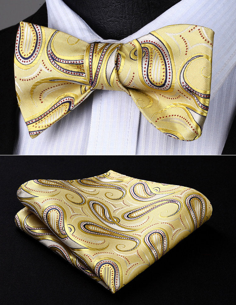 A Light Gold, Burgundy Paisley Pattern Self Tie Bow Tie, Matching Pocket Square ||Yellow