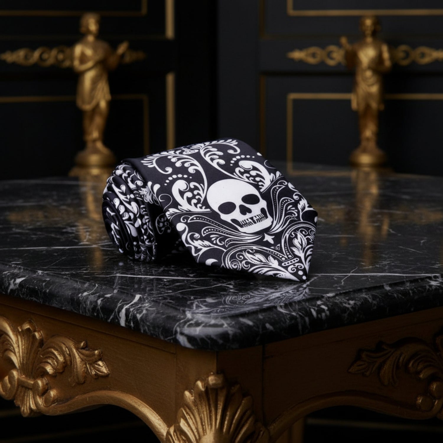Black Light Grey Skull Tie 