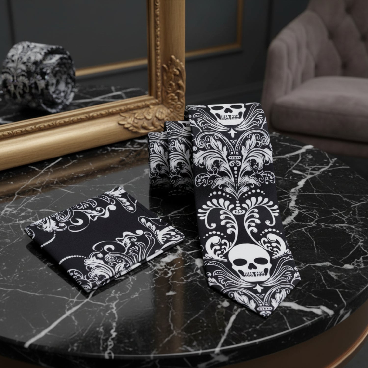 Alt View: Black Light Grey Skull Tie and Pocket Square