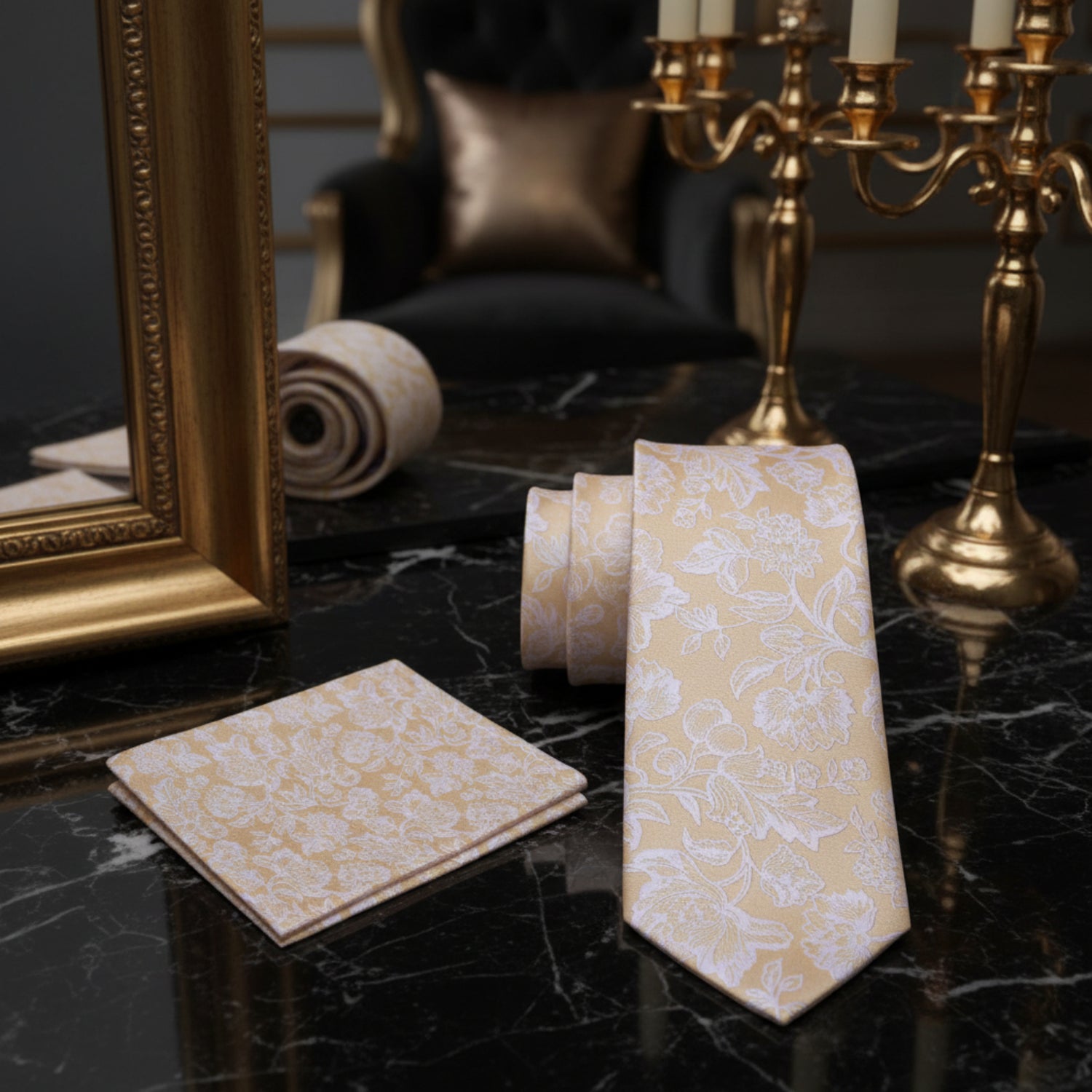 Light Brown, White Filigree Floral Tie and Square 2