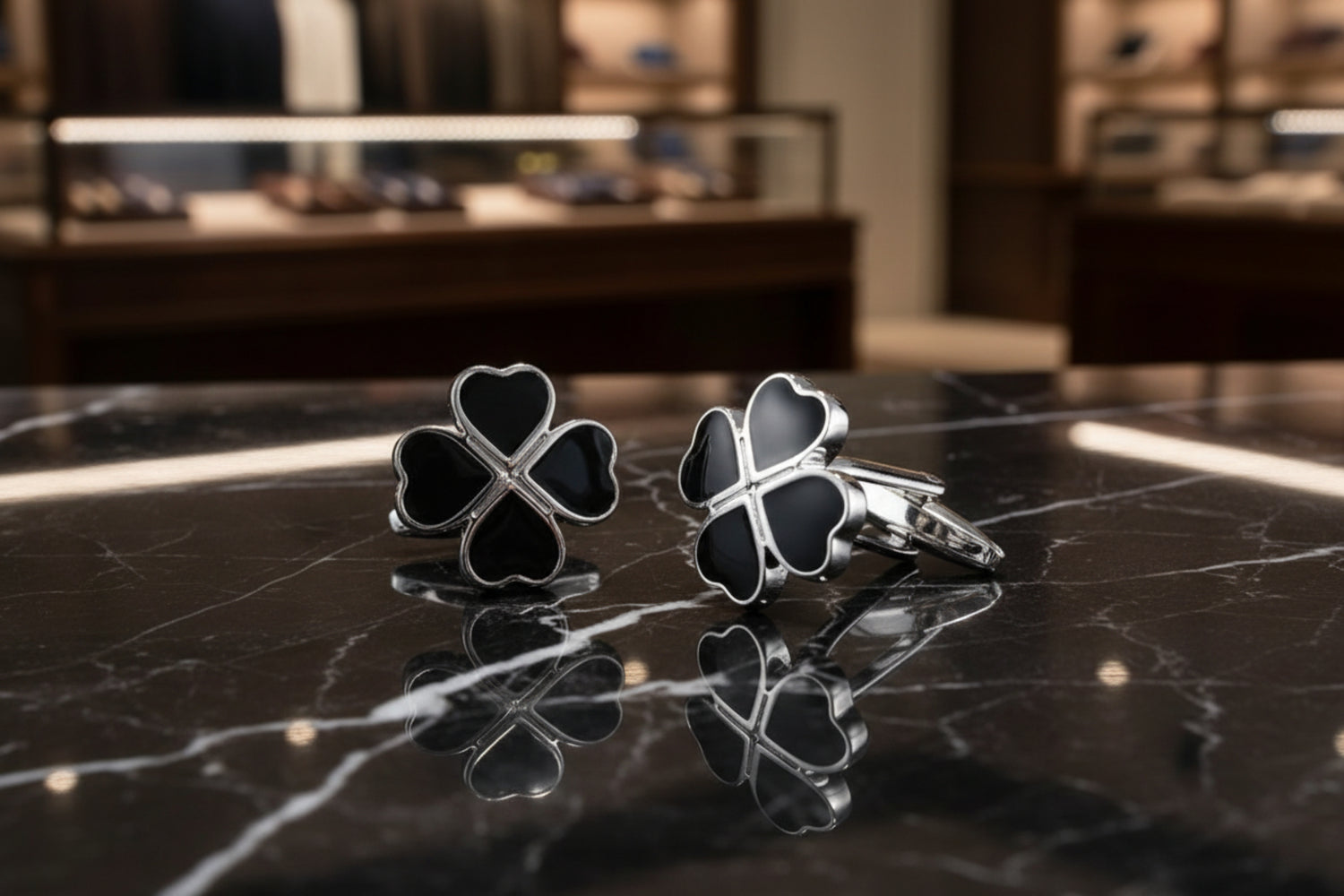A Chrome and Black Clover Shaped Cuff-links