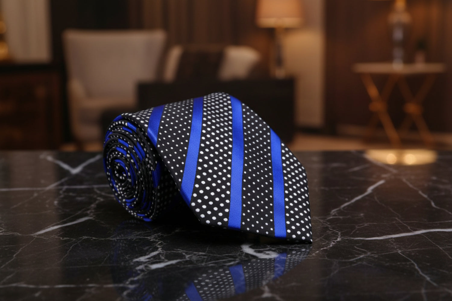 Black, Blue, White Stripe/Polka Tie  