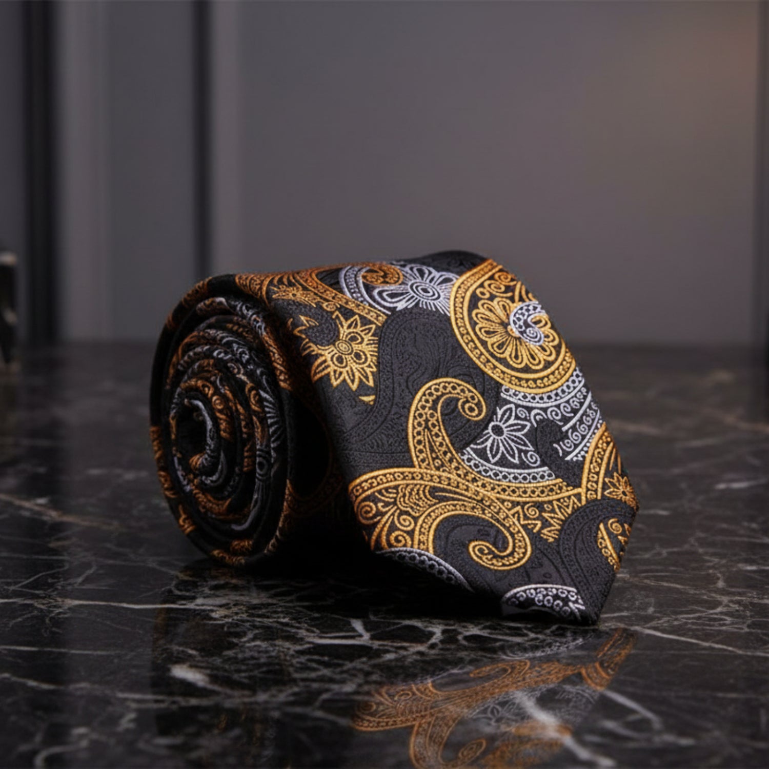 Black, Gold, Light Grey Paisley Tie