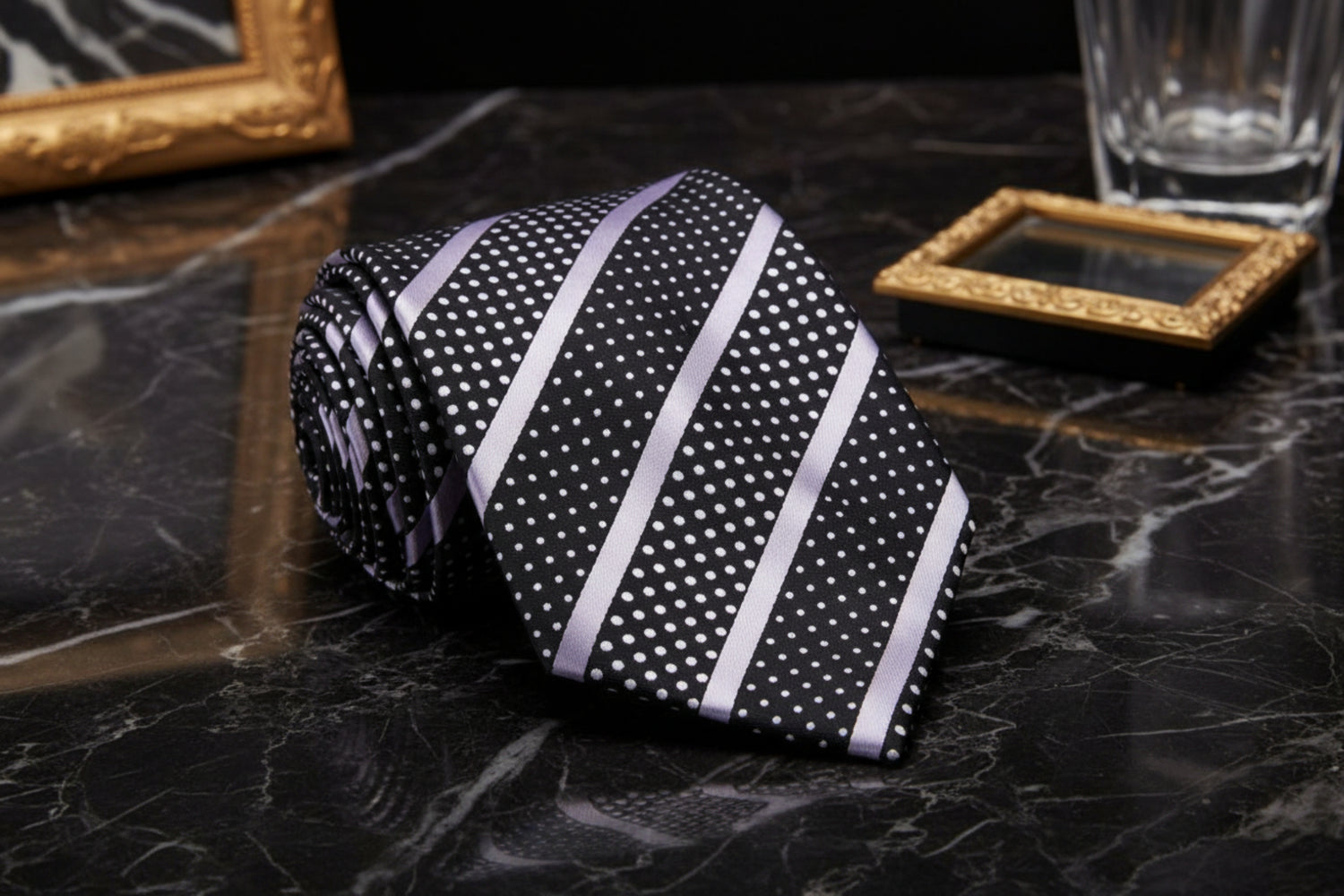 A Black Background With Silver Stripes And White Dots Necktie 