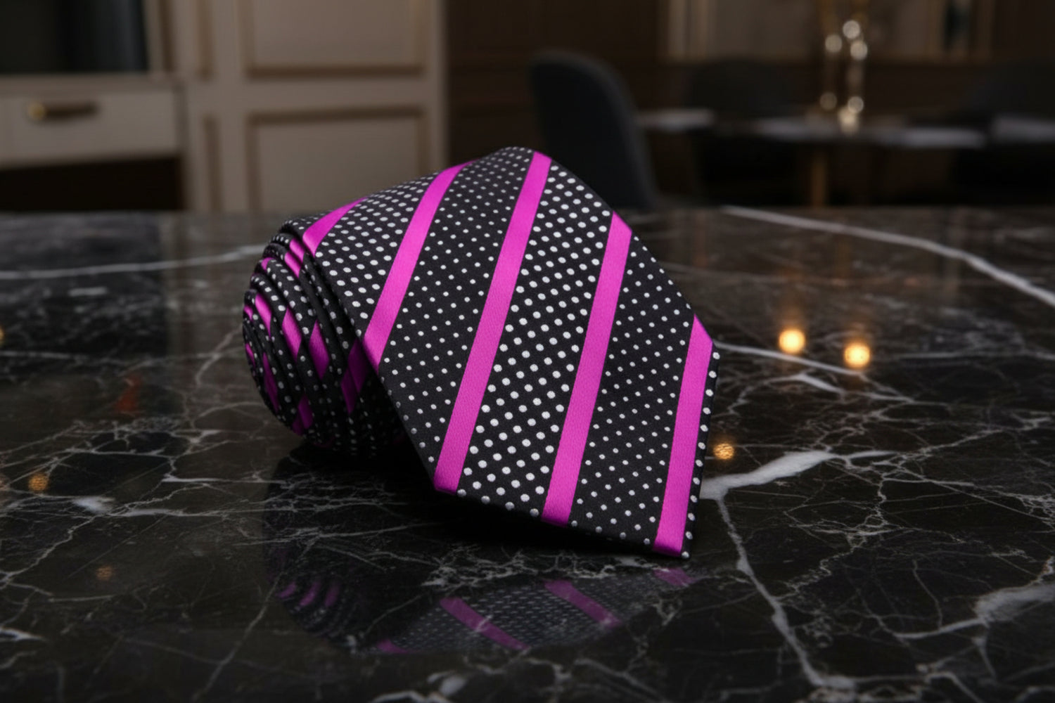 Black, White, Pink Dots with Stripes Necktie 