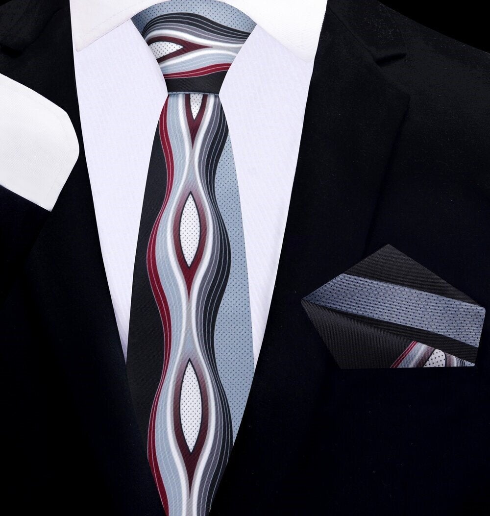 Thin Grey, Black, Red Abstract Necktie and Square