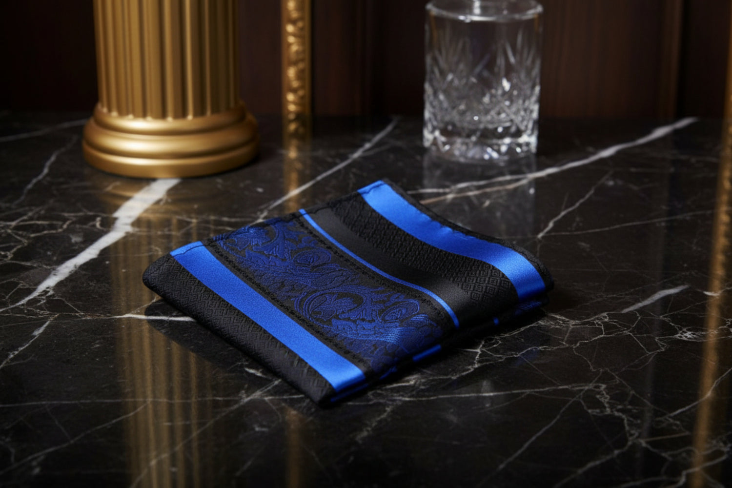 Main View: A Black, Blue Intricate Floral Pattern Pocket Square