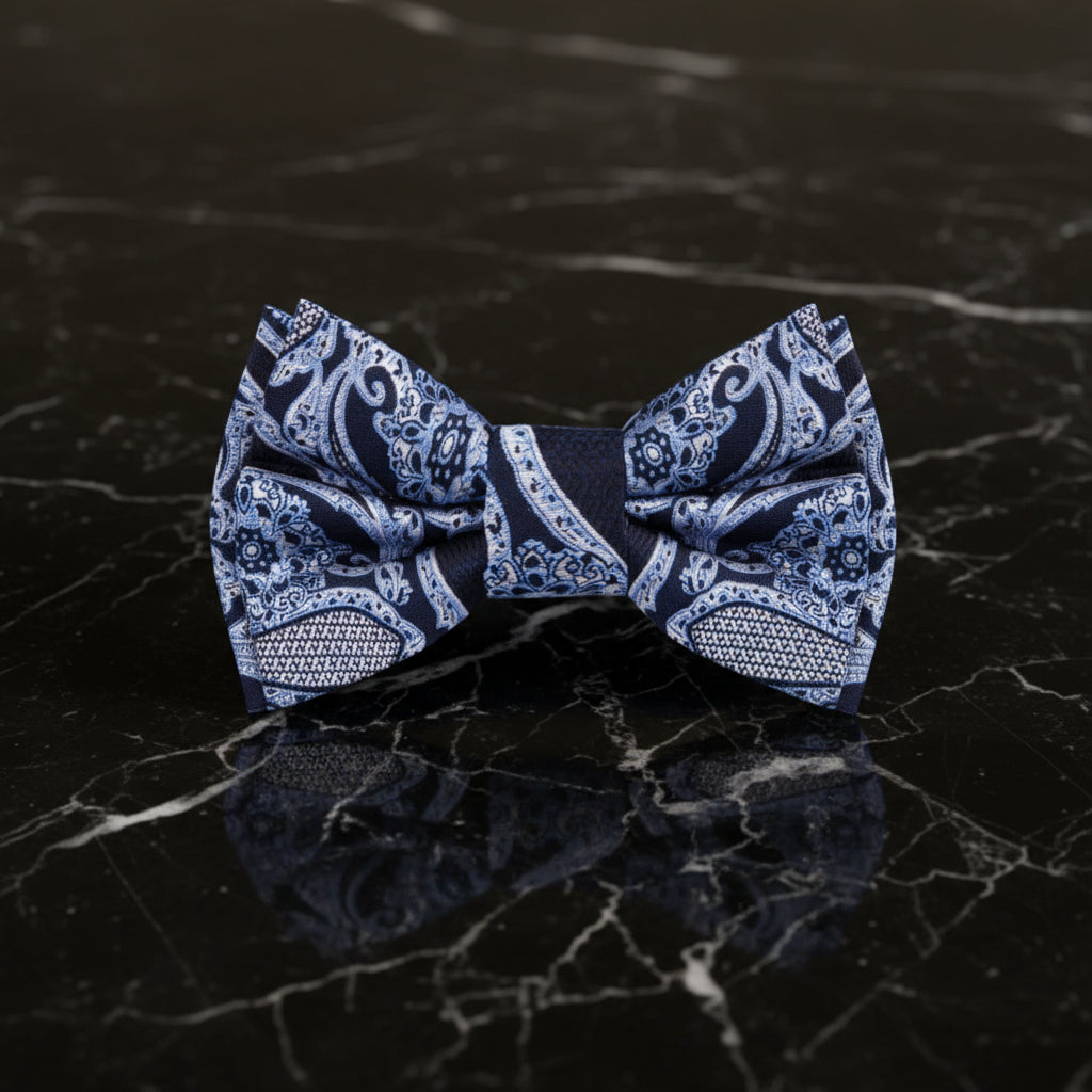 A Dark Blue, Ice Blue Detailed Paisley Pattern Self Tie Bow Tie 