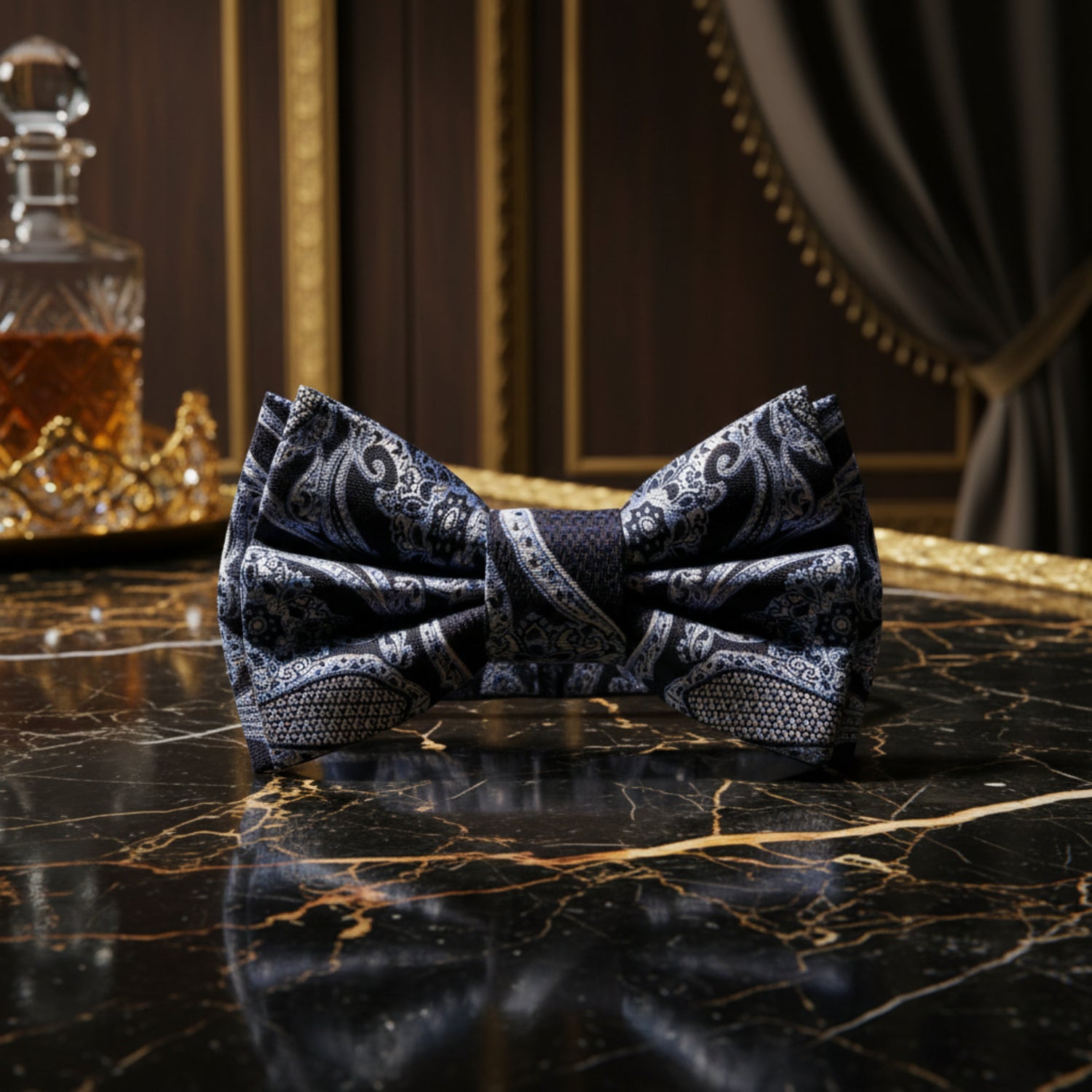 A Dark Blue, Ice Blue Detailed Paisley Pattern Pre Tied Bow Tie 