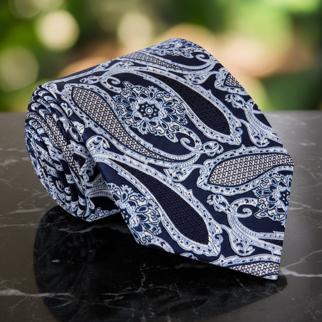 A Black, Ice Blue, White Paisley Pattern Necktie, 