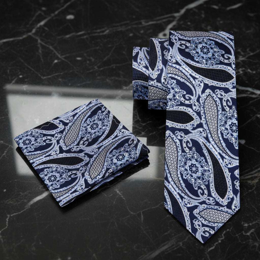 Alt View: A Black, Ice Blue, White Paisley Pattern Necktie, With Matching Pocket Square 