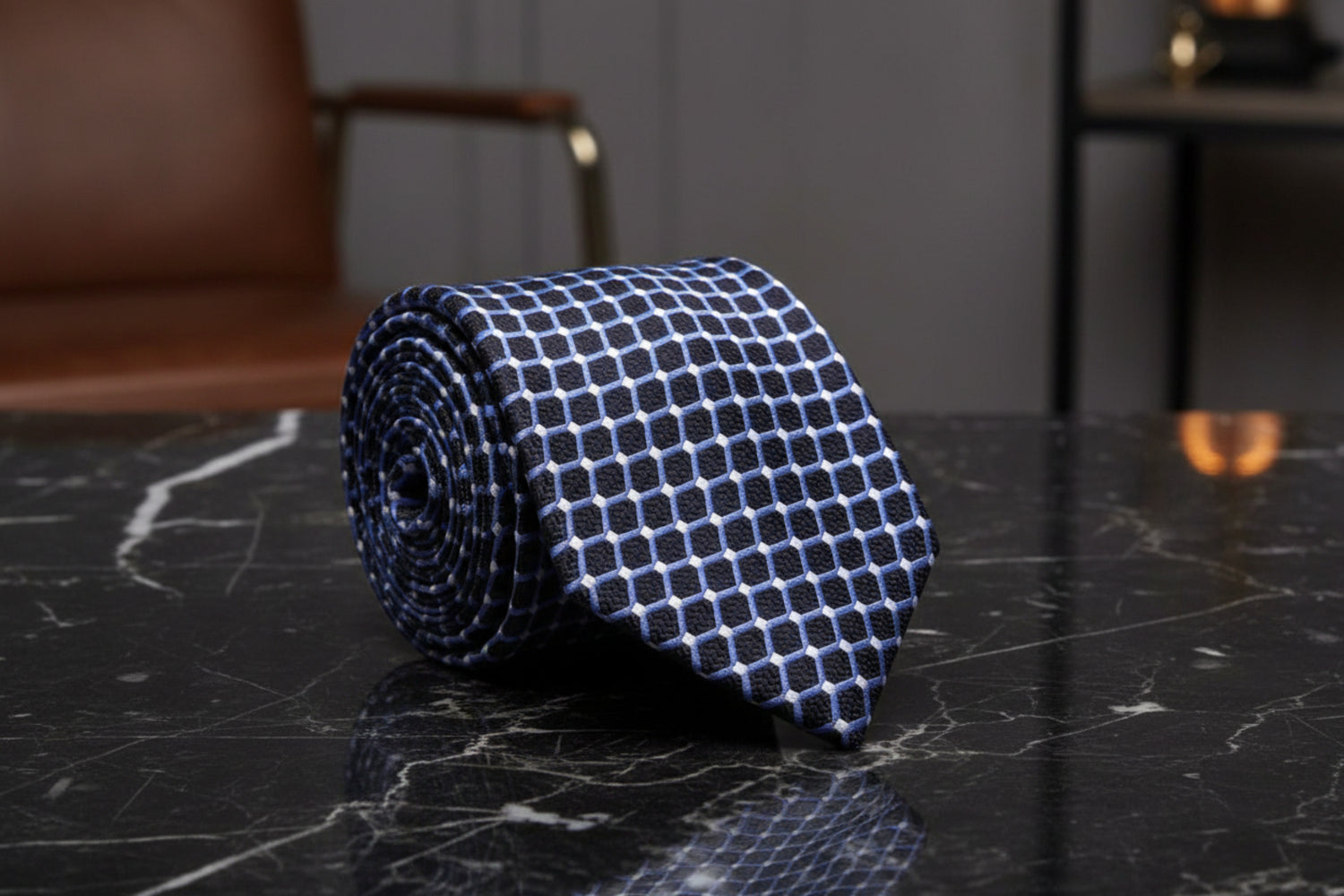 A Black, Light Blue Geometric Pattern Pattern Necktie