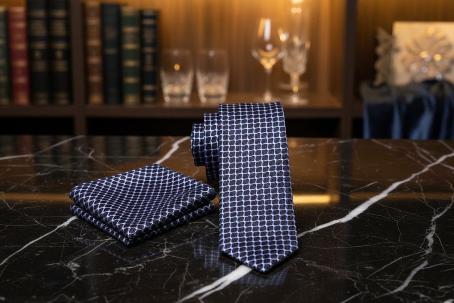 Alt View: A Black, Light Blue Geometric Pattern Pattern Necktie, Matching Pocket Square